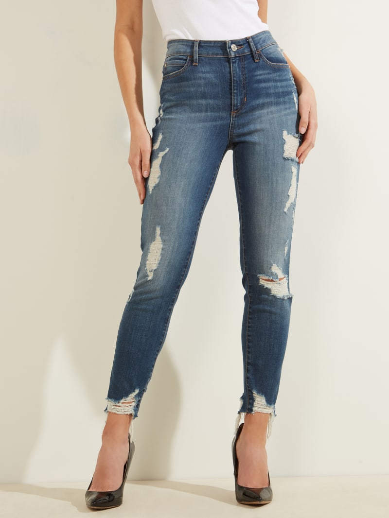 Guess 1981 Destroyed High-Rise Skinny Broek Dames Lichtturkoois | 4250-OVTPY