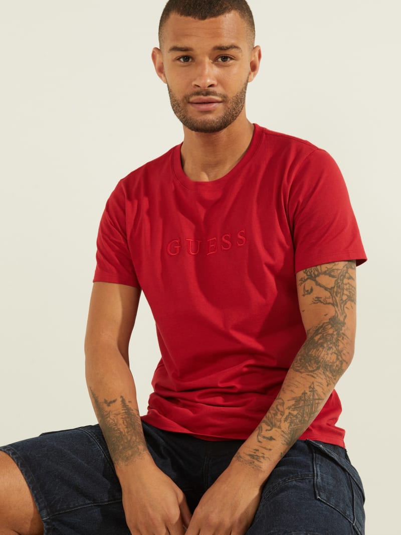 Guess Embroidered Logo Tee T-shirts Heren Rood | 9682-SQOIH