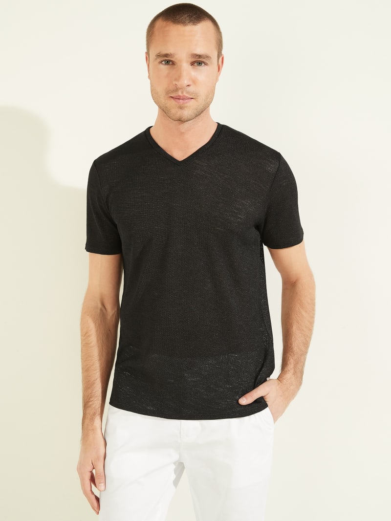 Guess Gauze V-Neck Tee T-shirts Heren Zwart | 3568-LKFOZ