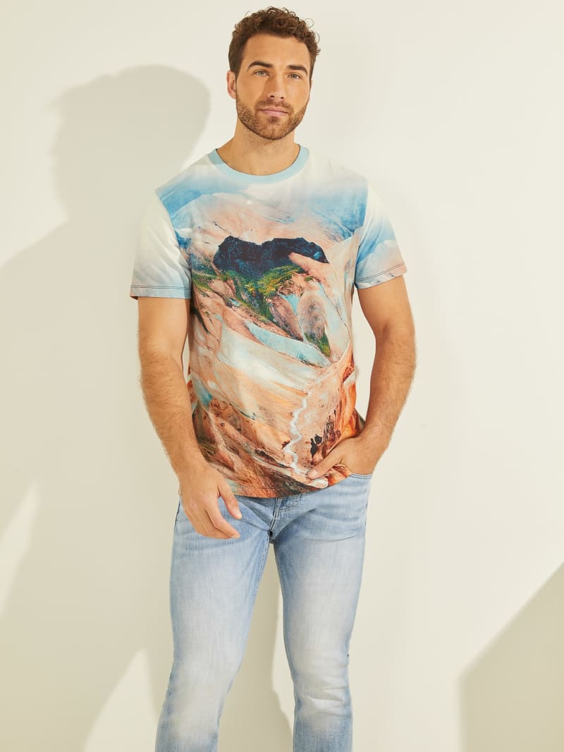 Guess Landscape Tee T-shirts Heren Blauw | 1458-THASX