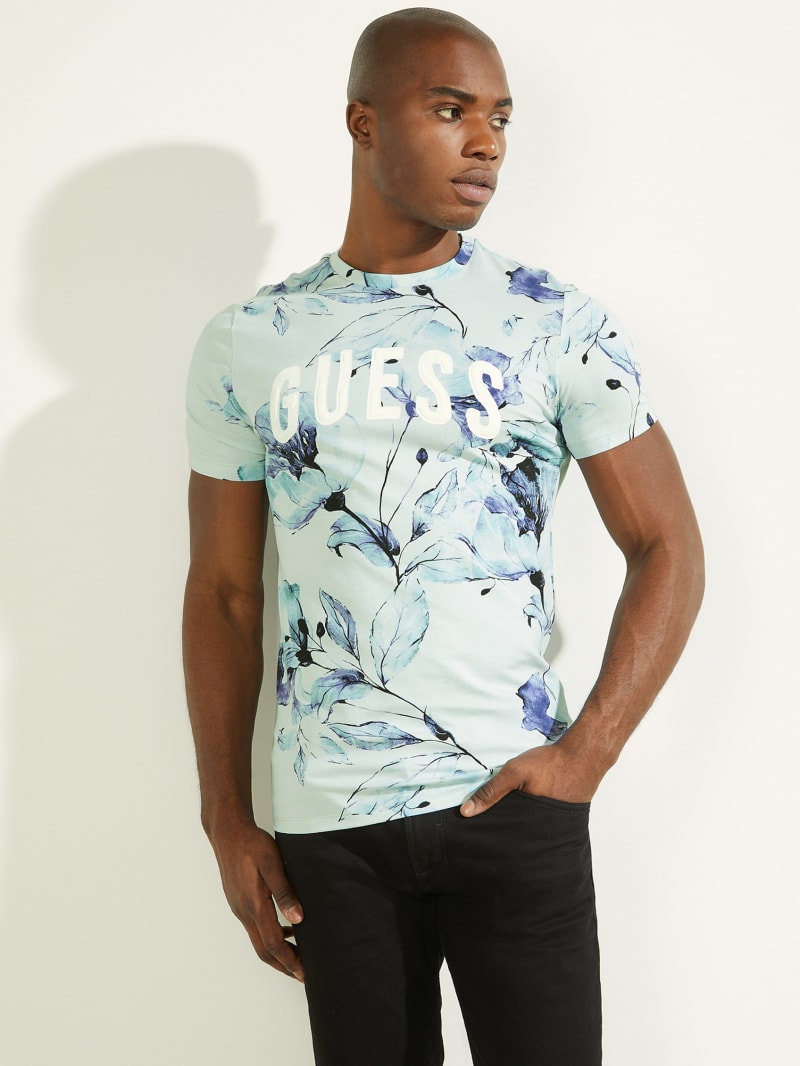 Guess Natt Floral Tee T-shirts Heren Blauw | 9352-MGQLF