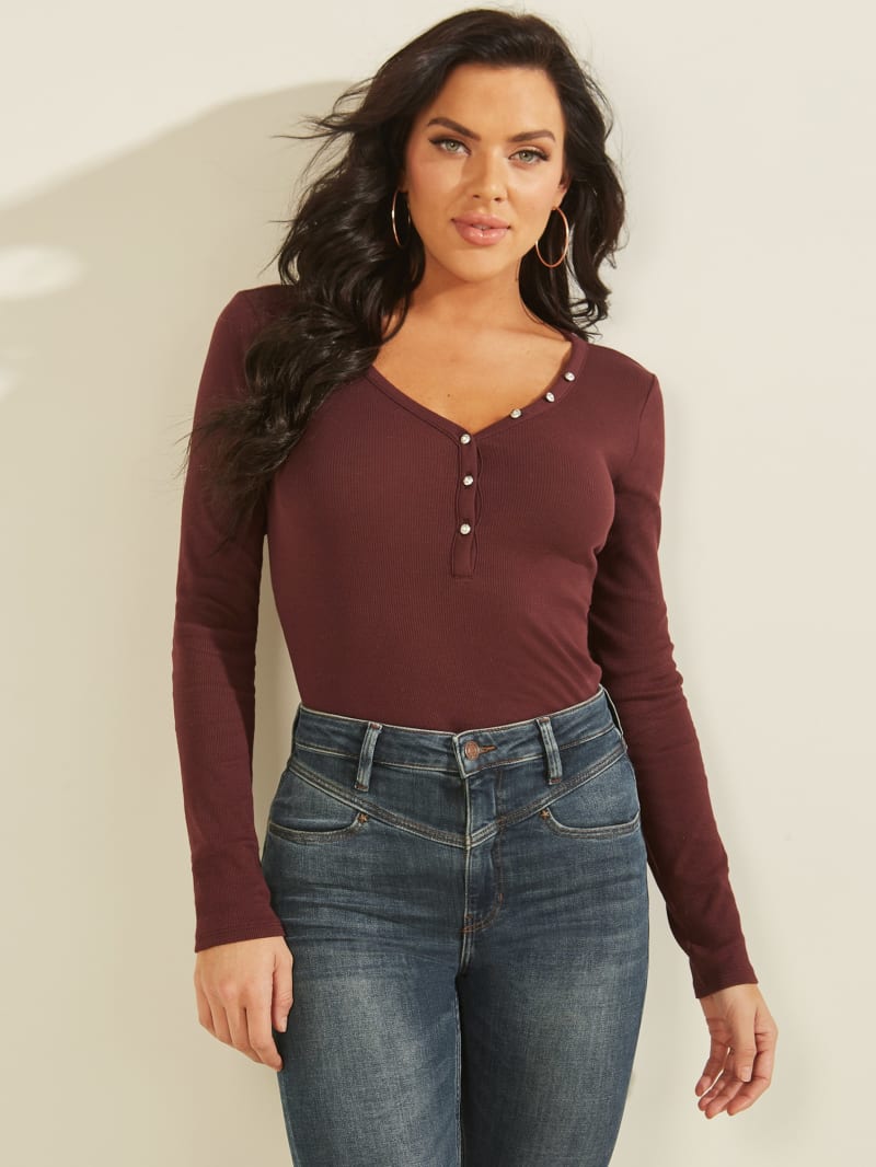 Guess Rhinestone Logo Henley Topjes Dames Bordeaux | 2465-OQZUN