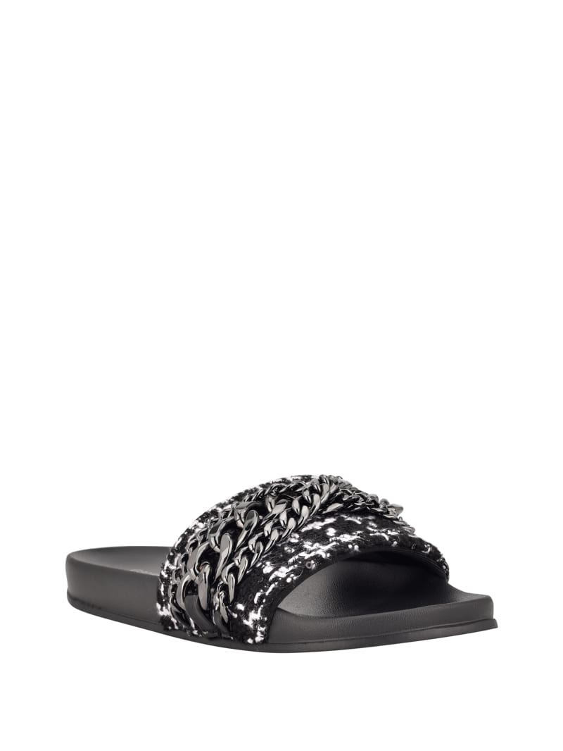 Guess Salema Chain Tweed Pool Badslippers Dames Zwart | 3412-PSYNG