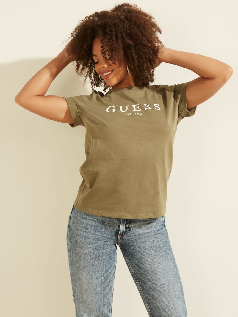 Guess Eco 1981 Rolled Cuff Logo Tee Topjes Dames Olijfgroen | 4068-CIPRH