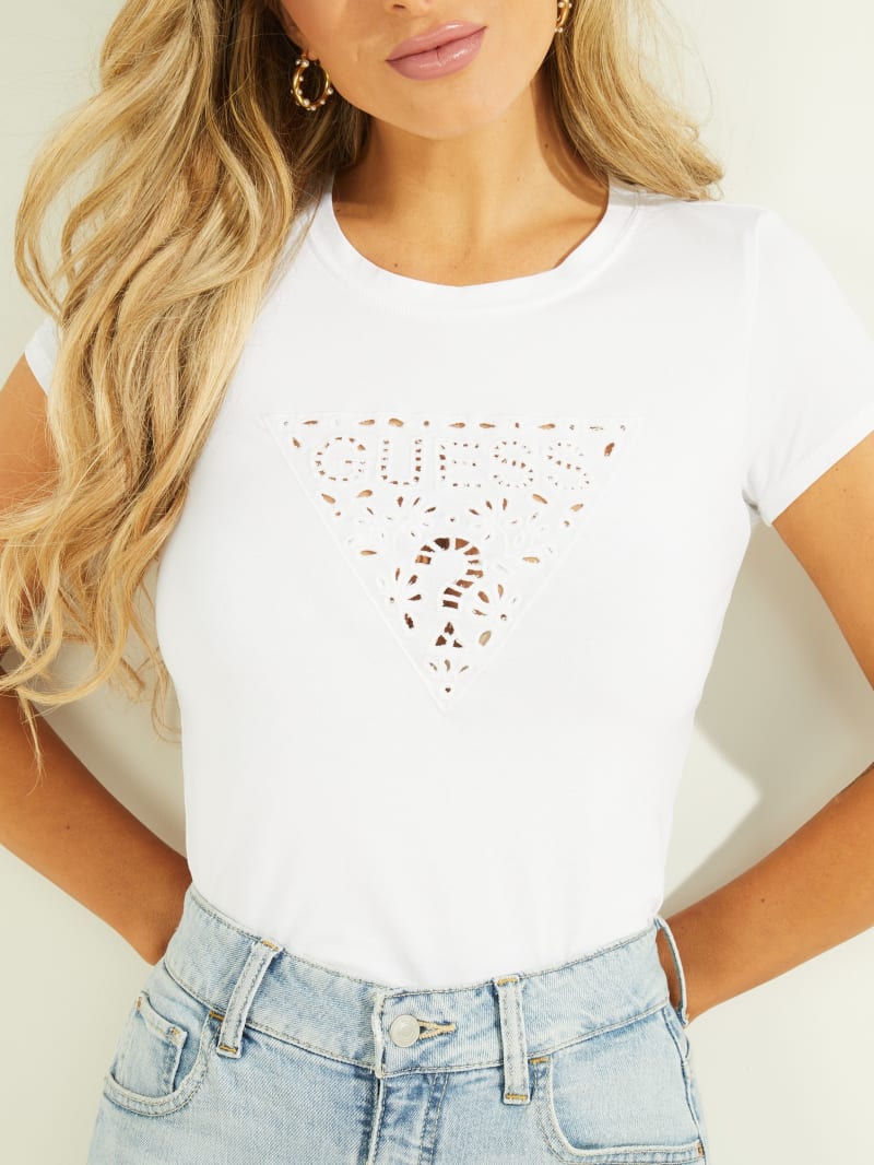 Guess Eco Eyelet Logo Tee Topjes Dames Wit | 1837-CWQKO