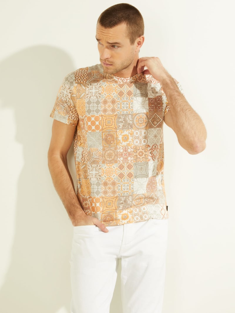 Guess Eco Mosaic Linen Tee T-shirts Heren Gekleurd | 4967-FJHWR