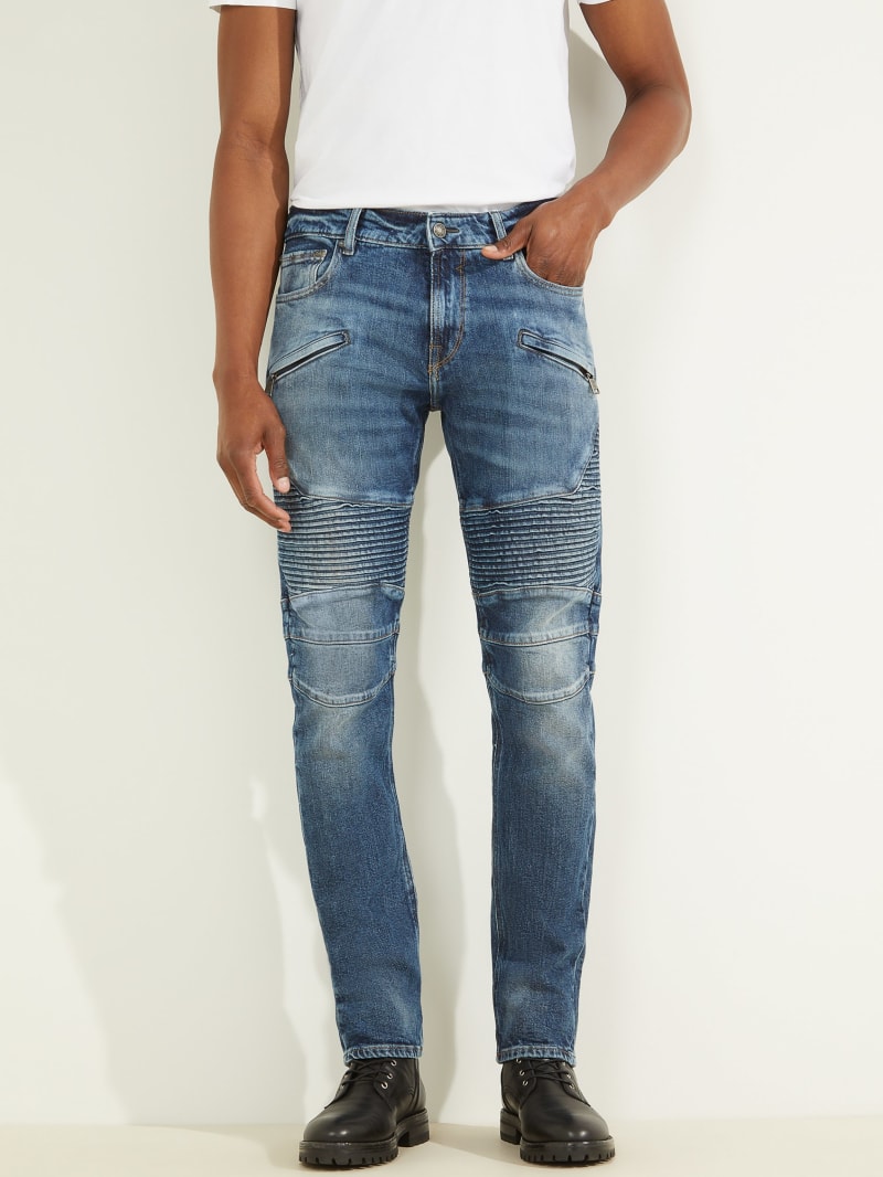 Guess Eco Slim Tapered Pintuck Moto Broek Heren Blauw | 5214-AYWFR