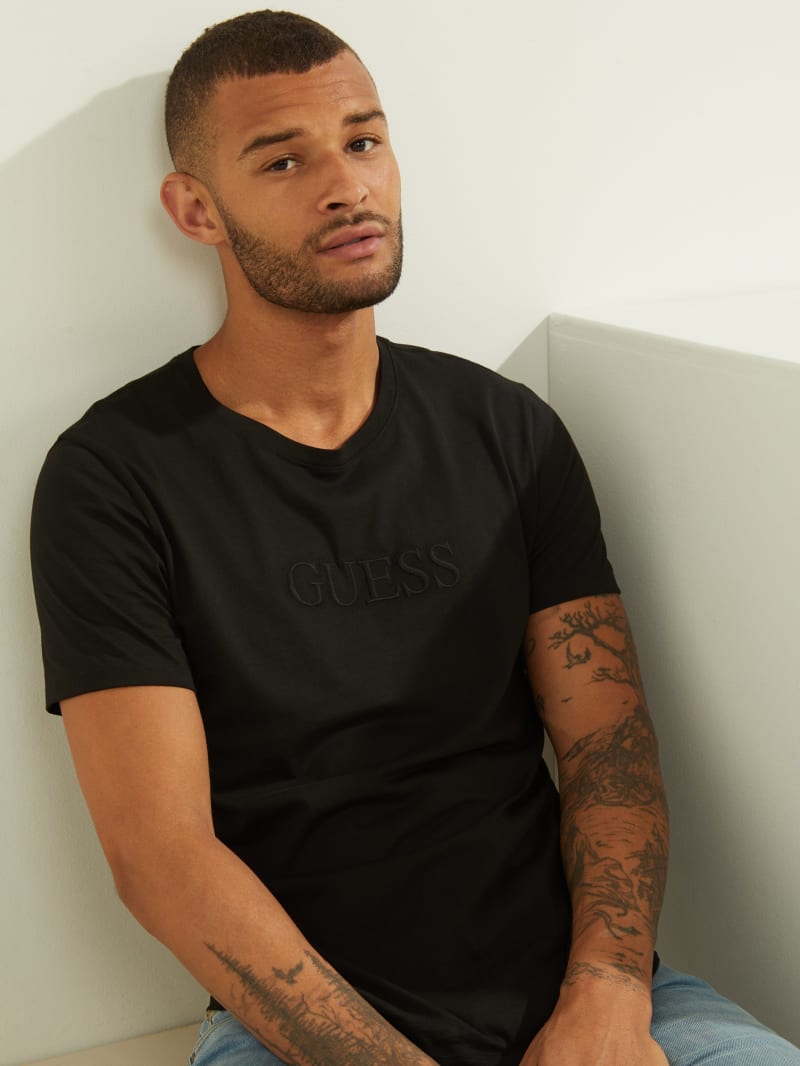 Guess Embroidered Logo Tee T-shirts Heren Zwart | 3719-BXNLH