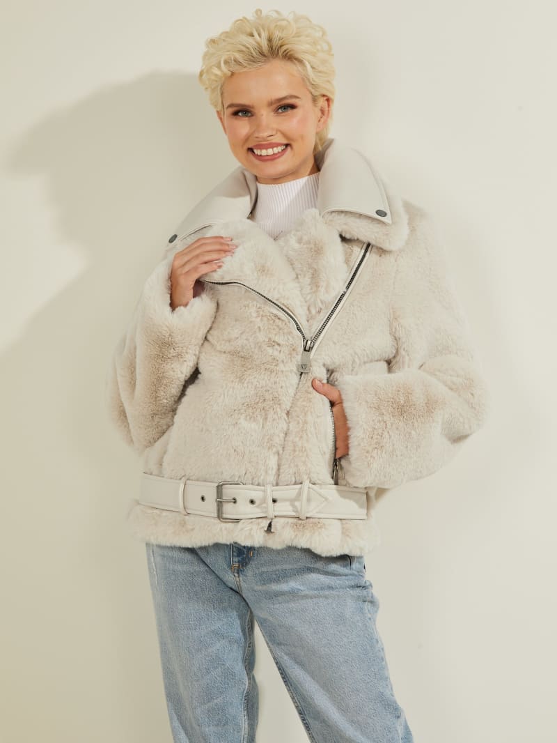 Guess Frida Faux-Fur Biker Jassen Dames Room Wit | 9842-XLIGB