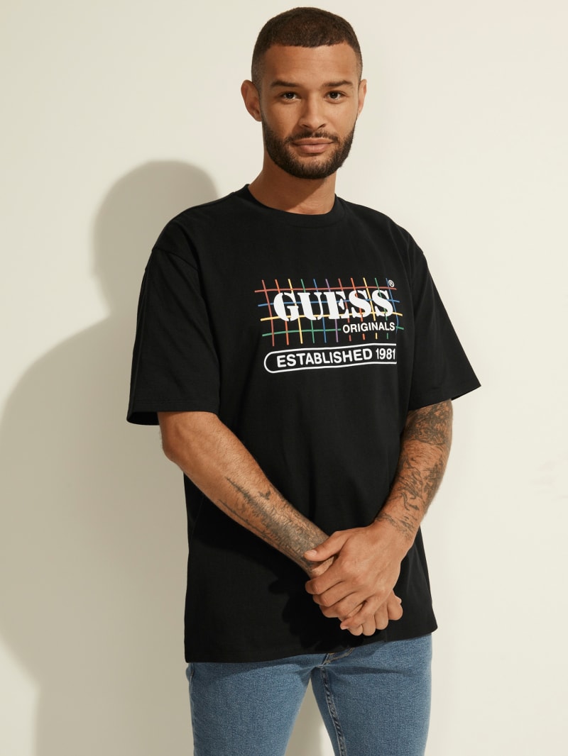 Guess GUESS Originele Rainbow Grid Tee T-shirts Heren Zwart | 0714-FXSMP