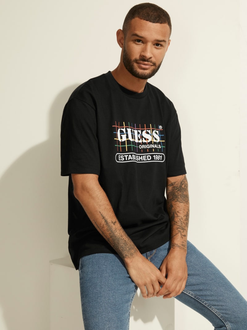 Guess GUESS Originele Rainbow Grid Tee T-shirts Heren Zwart | 0714-FXSMP