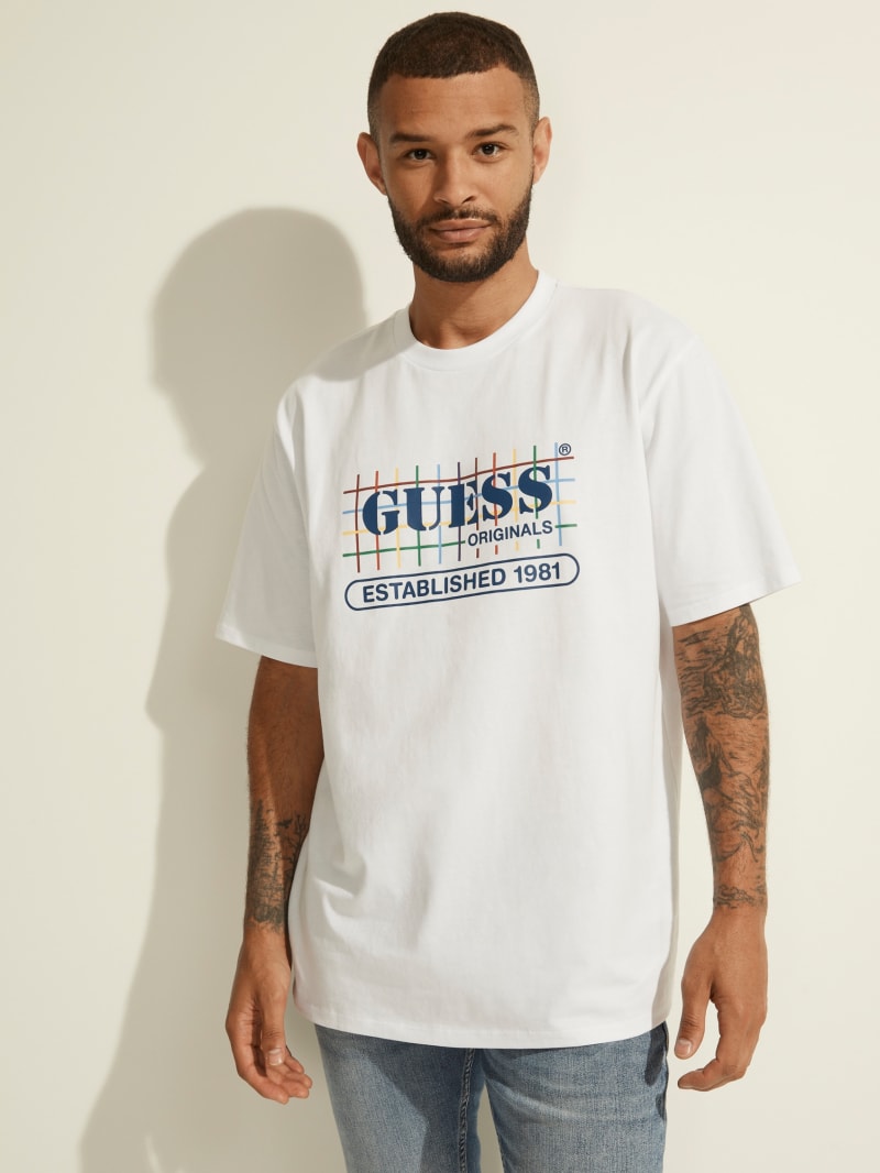 Guess GUESS Originele Rainbow Grid Tee T-shirts Heren Wit | 3876-JCFNO