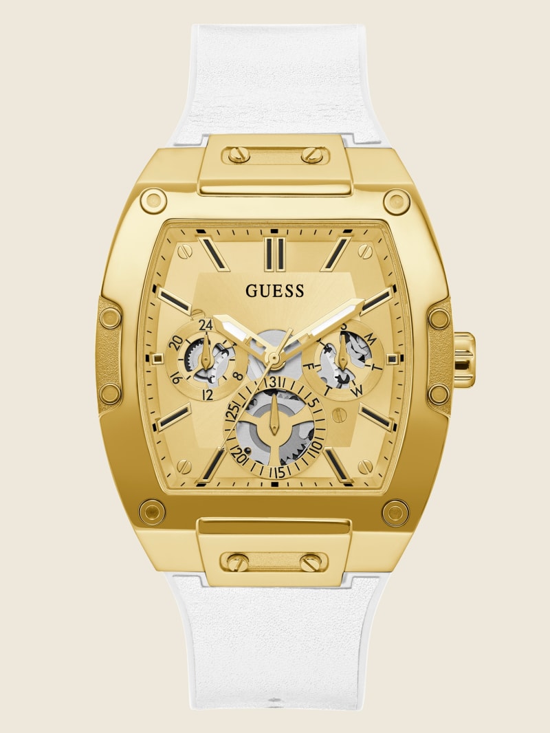 Guess Gold-Tone and White Rectangular Multifunctioneel Horloge Heren Wit | 9701-MSUDJ