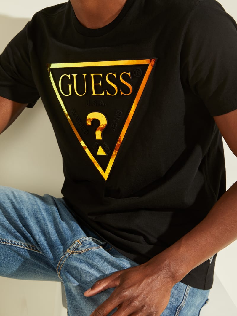 Guess Hologram Logo Tee T-shirts Heren Zwart | 9371-JXVPQ