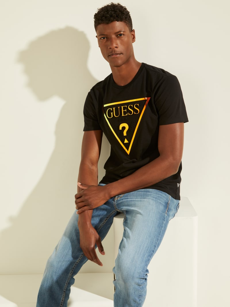 Guess Hologram Logo Tee T-shirts Heren Zwart | 9371-JXVPQ