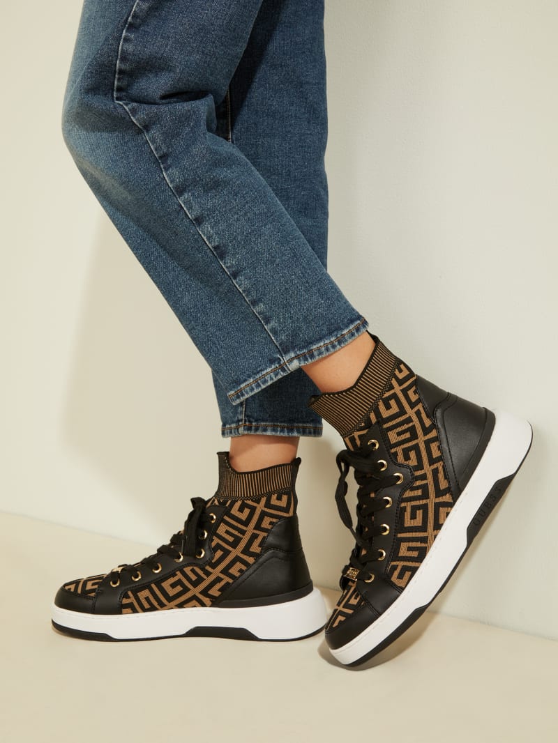 Guess Manney Knit Logo High-Top Sneakers Dames Zwart | 2968-WNZPV