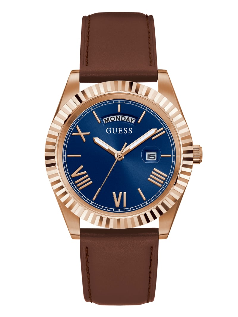 Guess Rose Gold-Tone and Blue Analog Horloge Heren Bruin | 0498-HAOBK