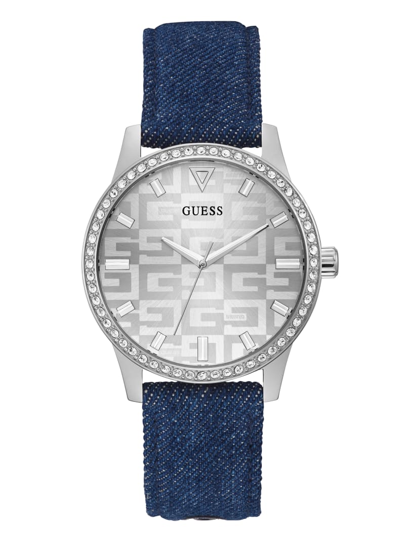 Guess Silver-Tone and Denim Logo Analog Horloge Dames Blauw | 7831-ZVBRD