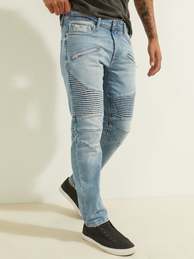 Guess Slim Tapered Pintuck Moto Broek Heren Lichtblauw | 0824-IXMZG