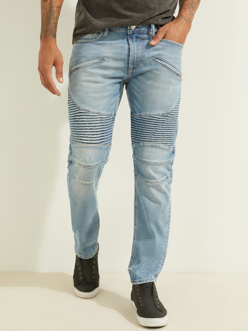 Guess Slim Tapered Pintuck Moto Broek Heren Lichtblauw | 0824-IXMZG