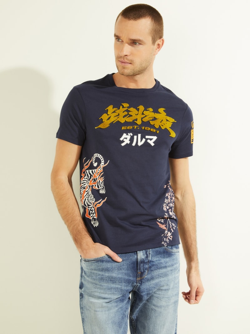 Guess Tiger Blossom Tee T-shirts Heren Blauw | 0915-OACLY