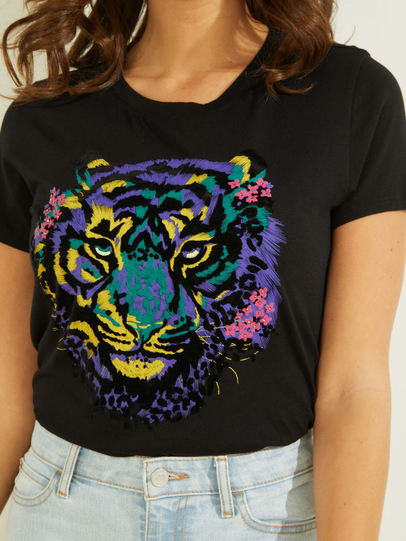 Guess Tiger Graphic Tee Topjes Dames Zwart | 5302-SYMON