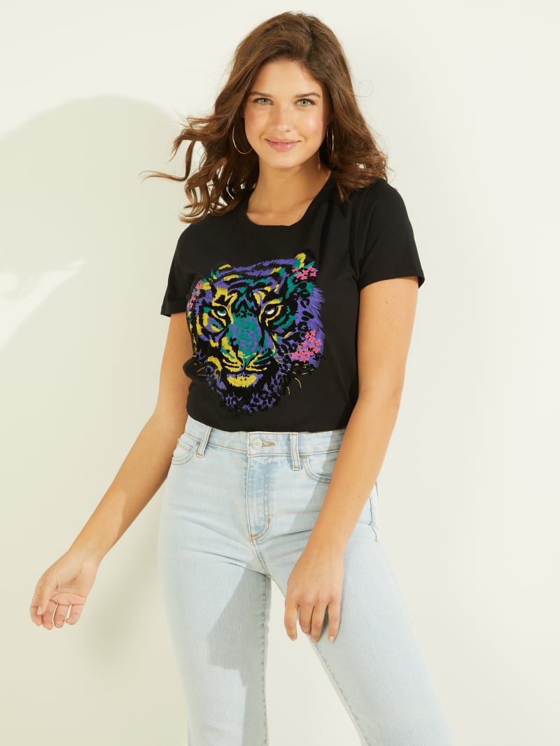 Guess Tiger Graphic Tee Topjes Dames Zwart | 5302-SYMON