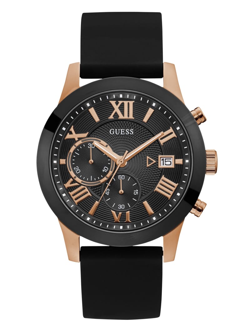 Guess and Rose Gold-Tone Multifunctioneel Horloge Heren Zwart | 3481-FPLBR